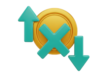 Dynamic 3D Render of a Gold Coin with Teal Arrows Indicating Fluctuations, Isolated on a Transparent Backdrop, Ideal for Financial and Economic Visualizations