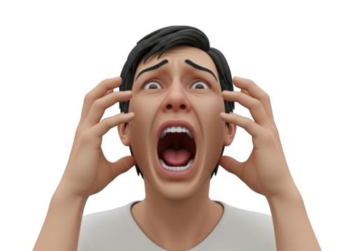A Dramatic 3D Rendering of a Man in Distress, Clutching His Head in Panic with an Open Mouth, Set Against a Transparent Backdrop, Suitable for Stress-Related Content
