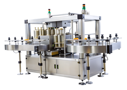 Automatic bottle labeling machine with a rotary carousel for a pharmaceutical production line on white Background ,PNG. AI.Generated.