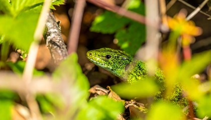 Naklejka premium A close-up view of a vibrant green lizard nestled amidst lush foliage and natural surroundings.