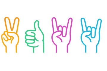 Fototapeta premium Colorful Outline Vector Cartoon Illustrations of Various Hand Gestures Showing Peace, Approval, Love, and Fun on Clean Background