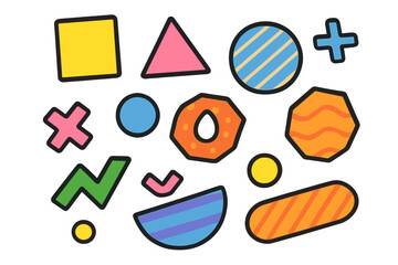 Vibrant geometric shapes in various colors and patterns, cartoon vector illustration with transparent background, ordered set of colorful abstract forms, design elements