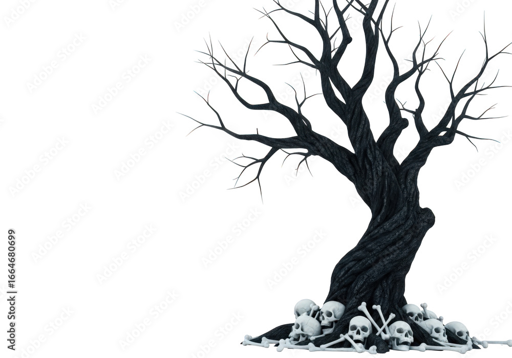 Poster a macabre 3d rendering of a twisted, bare tree surrounded by skulls and bones, evoking a sense of mo