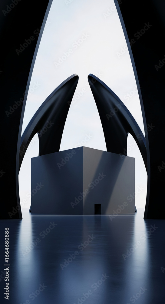 Aufkleber abstract dark gray cube on reflective floor, framed by sleek black arches, creating a minimalist sho