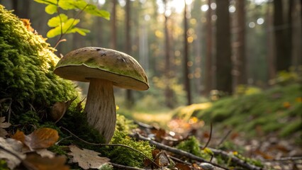 A single large mushroom with a brown cap and white stem grows in a mossy forest floor, illuminated by soft sunlight filtering through the trees