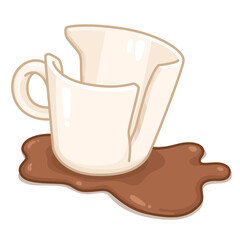 Broken ceramic coffee cup with spilled coffee on the floor kawaii doodle flat 2D cartoon vector illustration