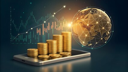 Financial growth and investment concept with stacks of gold coins on a smartphone, global network, and upward trending stock market graph
