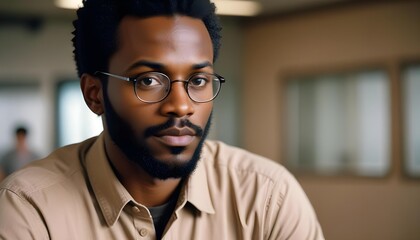 A striking portrait of a Black man with glasses, looking directly into the camera with a confident gaze.