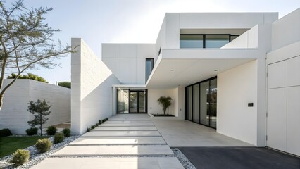 Modern minimalist white house exterior with clean geometric lines, glass doors, and a concrete pathway leading to the entrance