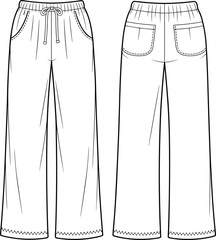 Fashion flat sketch illustration of women’s wide leg casual pants with drawstring waist, front pockets, back patch pockets, loose fit, and hem details