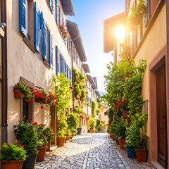 Obraz premium Sunlit cobblestone street with flowering plants
