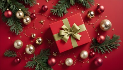 A beautifully arranged Christmas gift box surrounded by festive ornaments and decorations.