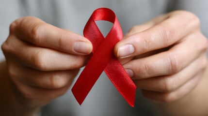 Hands hold a red ribbon symbolizing awareness for HIV prevention and support initiatives in public health