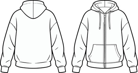 Front and back view of zip up hoodie with drawstring, fashion flat sketch, cad drawing, technical vector illustration for apparel design © Creatives Mind