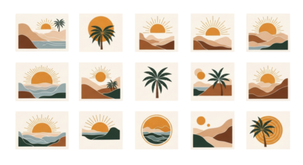 Set of Minimalist Sunset and Palm Tree Illustrations in Warm Earth Tones