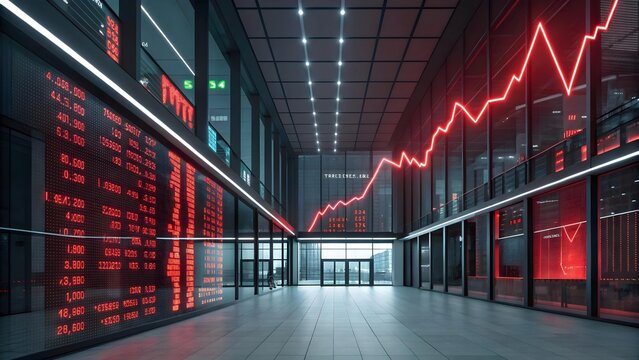 Red stock market graph showing a sharp decline in a modern, empty financial trading hall with digital displays - Powered by Adobe