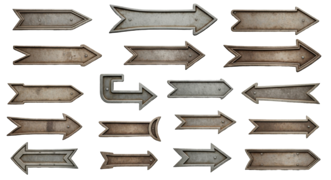 Collection of Vintage Metal Arrow Signs in Various Styles and Sizes for Directional or Decorative Use