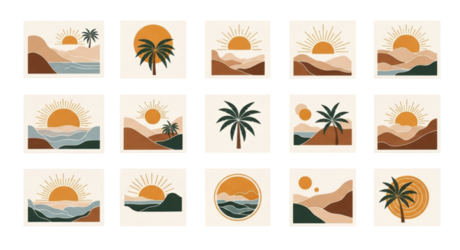 Set of Minimalist Sunset and Palm Tree Illustrations in Warm Earth Tones