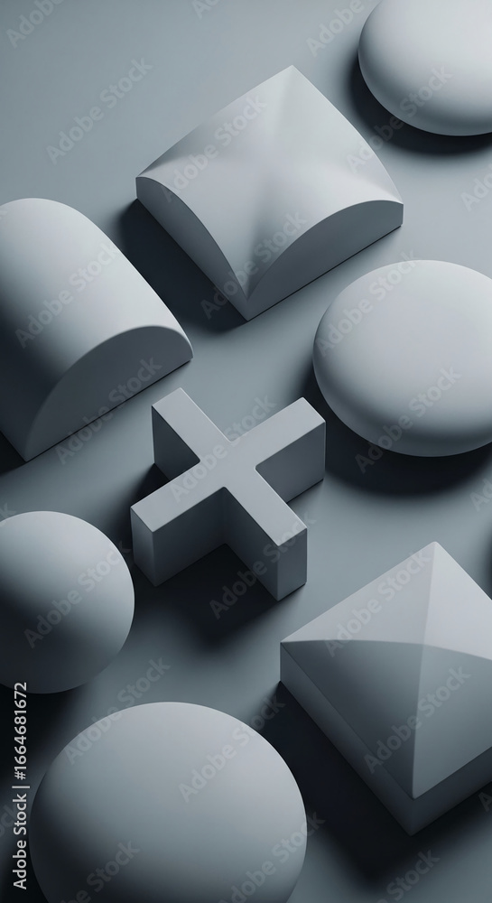 Poster grey geometric shapes on a grey background create a minimalist, abstract scene suitable for a produc