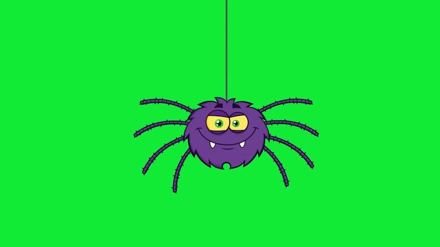 Cute Halloween Spider Cartoon Character Hanging On Web Laughing &ndash; 4K Animation Video Motion Graphics With Green Screen Background