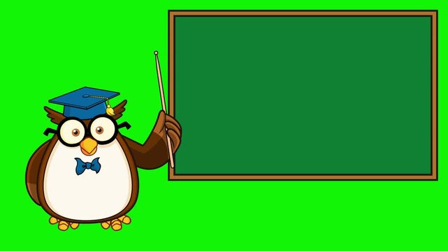 Owl Teacher Cartoon Character Pointing At Chalkboard Back To School &ndash; 4K Animation Video Motion Graphics With Green Screen Background