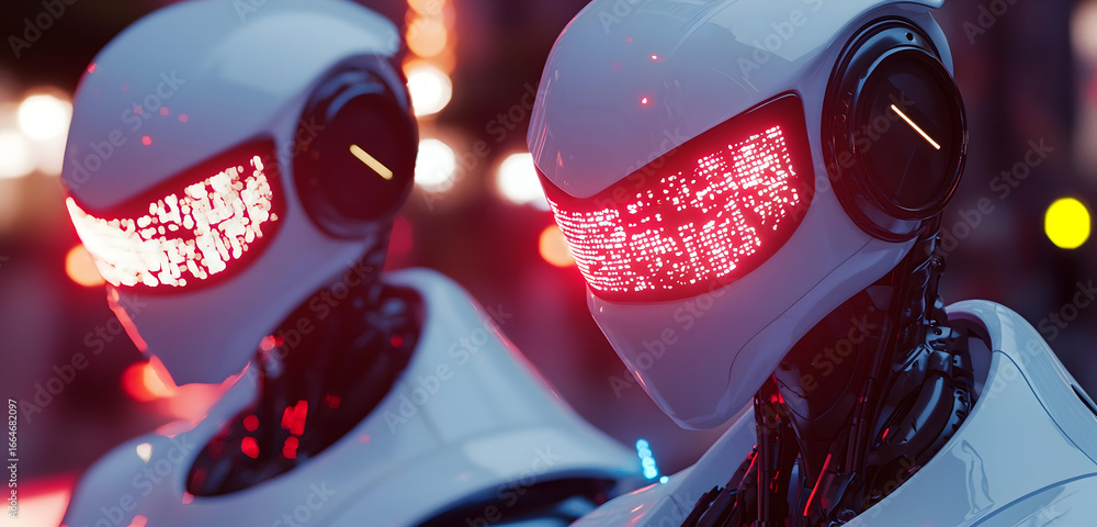 Poster futuristic robots with glowing led faces, representing advanced technology and ai integration in a s