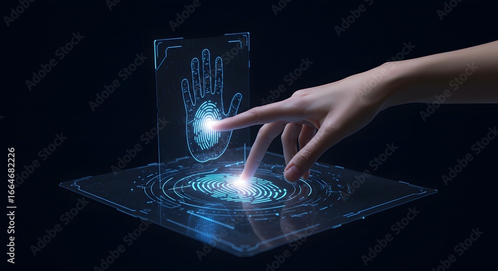 Poster a persons finger touches a digital screen displaying a fingerprint and hand scan, representing biome