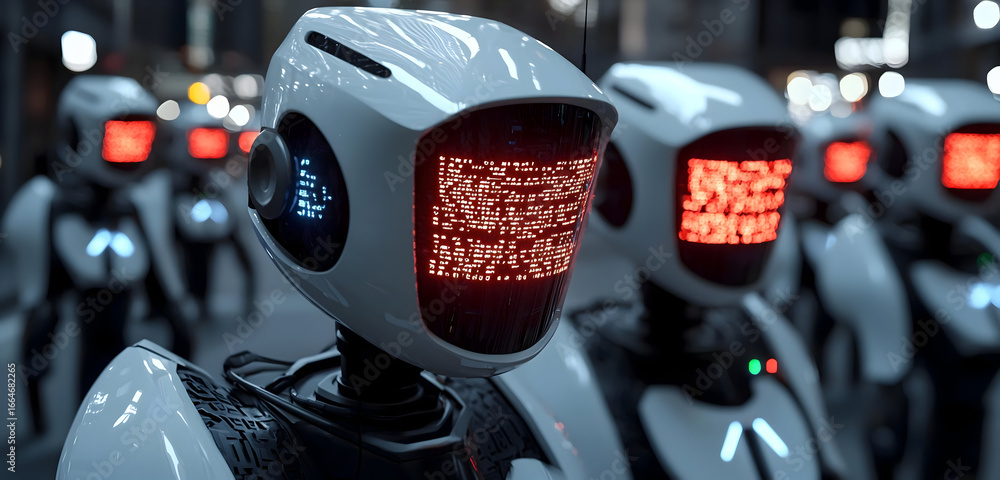 Poster futuristic robot squad with glowing displays creates a powerful technology statement for innovation 