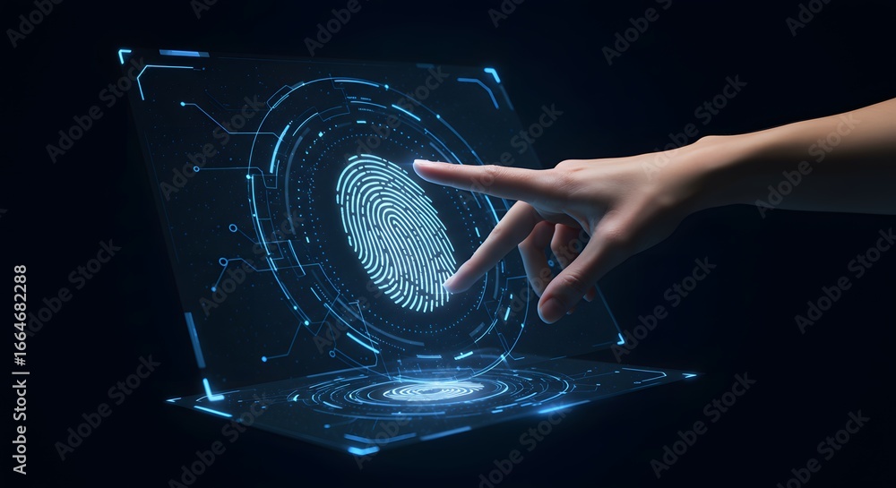 Poster fingerprint scanning on a futuristic interface for secure access and identification, representing mo