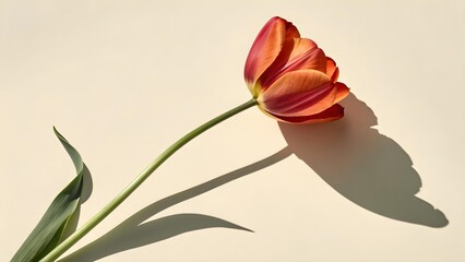 A single, vibrant orange and red tulip with delicate petals and a long green stem casts a long shadow on a soft, lightcolored background