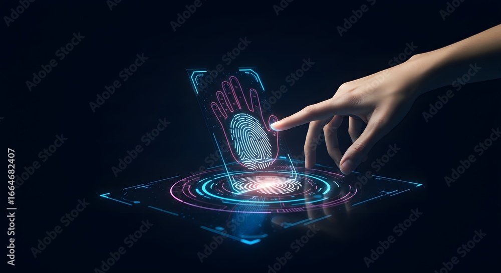 Poster futuristic fingerprint scanning technology with a glowing interface and a human hand touching the se