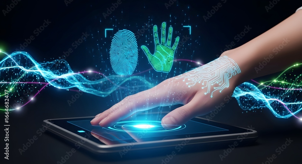 Poster hand interacting with a tablet displaying fingerprint and hand scan, representing biometric identifi