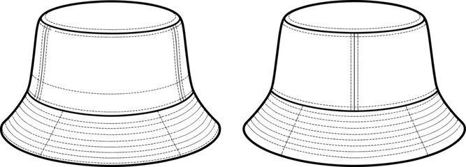 Vector fashion flat sketch, bucket hat technical drawing, front and back view, unisex headwear template, clothing accessory design outline, apparel illustration, hat mockup © Creatives Mind