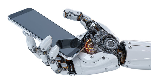 robotic hand holding smartphone, futuristic stock concept, isolated on white background