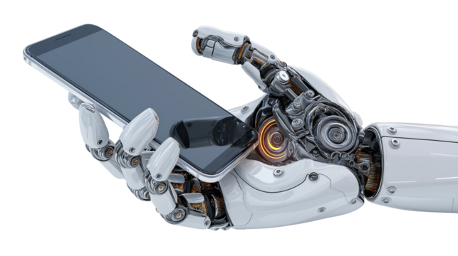 robotic hand holding smartphone, futuristic stock concept, isolated on white background