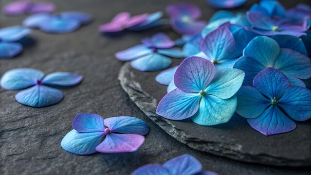 Closeup of vibrant blue and purple hydrangea flowers with delicate petals, showcasing natural beauty and intricate detail on a dark stone background