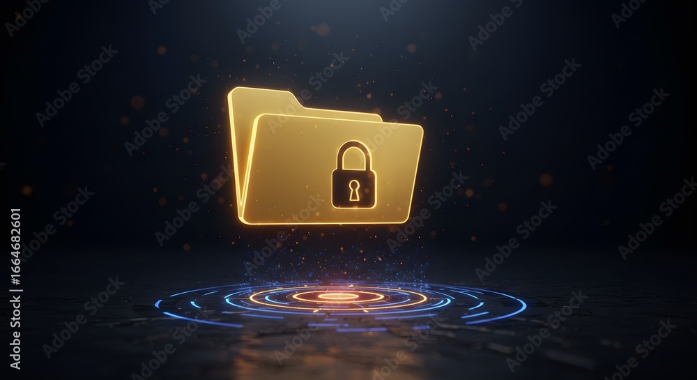 Poster golden folder with a padlock hovering above a glowing platform, representing data security, encrypti