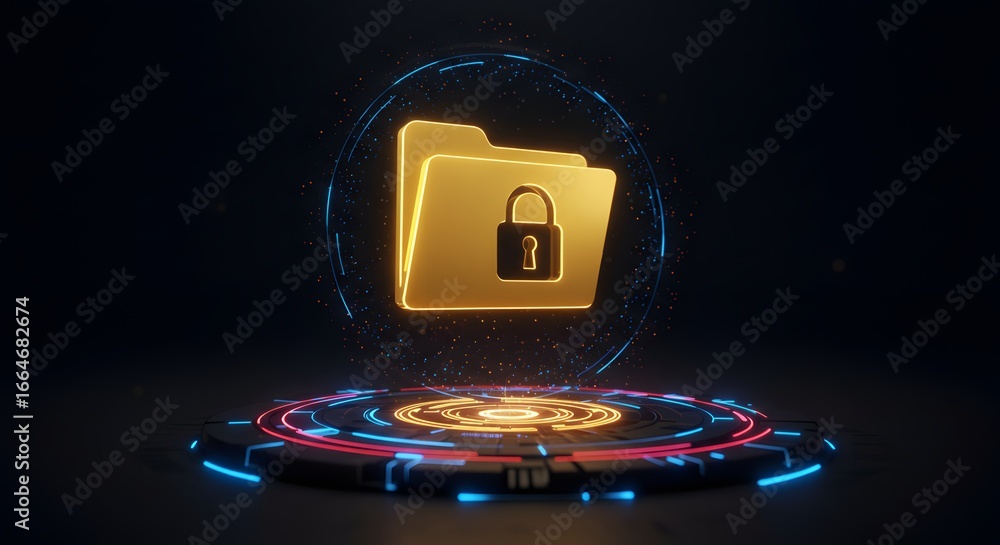 Poster a golden folder with a lock hovers above a digital platform, symbolizing data security, encryption, 