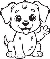 Adorable black and white line drawing of a happy puppy waving hello silhouette vector