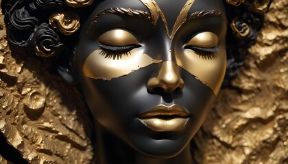 Intricate sculpture of a woman's face, crafted with gold accents and detailed texture.
