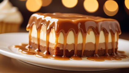 Decadent layered cake with rich caramel glaze, a perfect dessert treat.