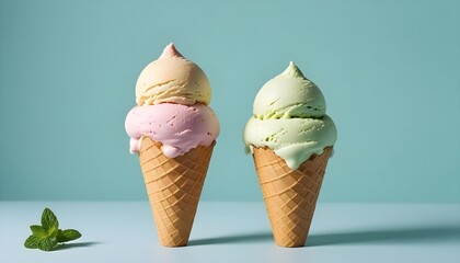 Two colorful ice cream cones with mint on a blue background.