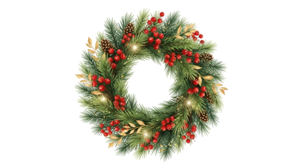 Christmas Wreath with Pine Branches Red Berries Gold Accents and Lights on Transparent Background