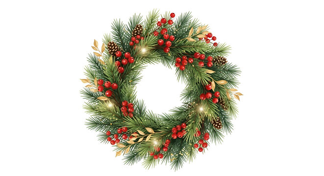 Christmas Wreath with Pine Branches Red Berries Gold Accents and Lights on Transparent Background