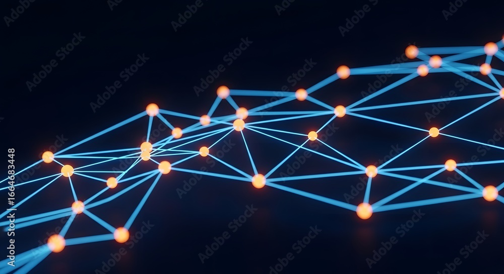 Poster abstract glowing network of interconnected nodes representing modern technology, data communication,