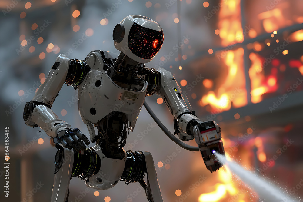 Poster futuristic robot firefighter heroically extinguishing flames in a burning building with determinatio