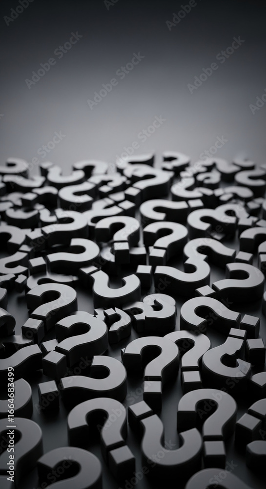 Poster black question marks scattered on gray background, creating a texture of uncertainty and inquiry, su