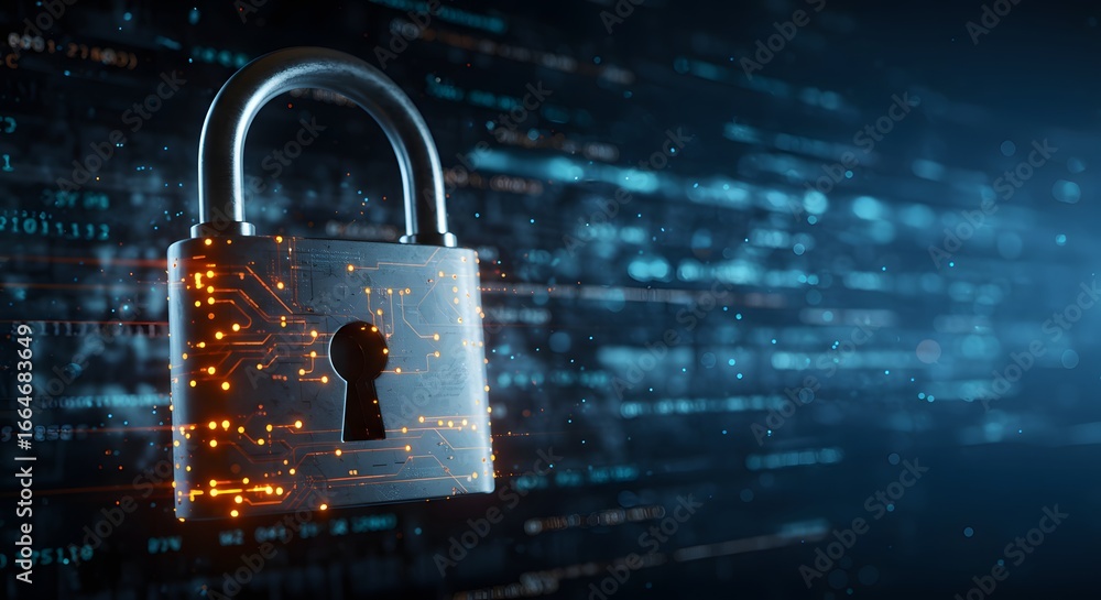 Poster a metallic padlock is illuminated against a backdrop of binary code, symbolizing cybersecurity and d