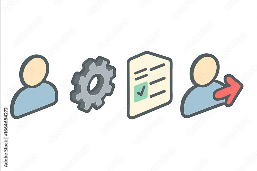 Aufkleber account management isometric icon set. user profile, settings gear, order history, and login and log
