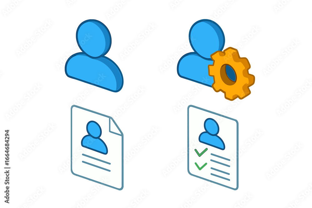Aufkleber account management isometric icon set. user profile, settings gear, personal data document, and veri